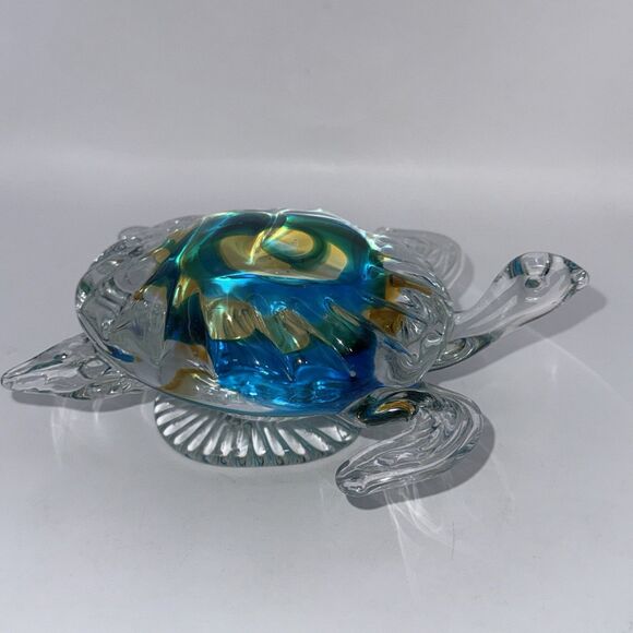 Vinci Colored Art Glass Sea Turtle Pedestal Base Blue Yellow Heavy - Picture 3 of 6